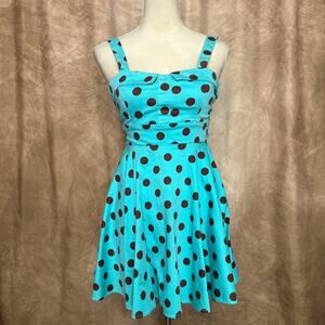 Vintage Y2K IXIA Polka Dot Rockabilly Mini Swing Dress Fit & Flare Blue Mod Twee